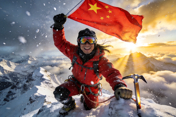 登山者成功登顶后在山巅挥舞旗帜的胜利瞬间特写